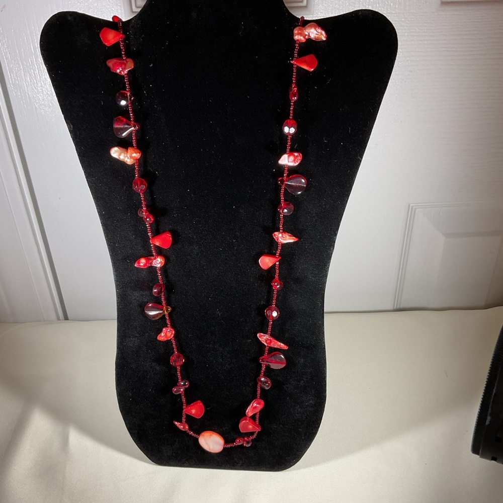 Handmade Red Glass Beaded Necklace 54” Long Multi-shaped Beads Boho Artsy